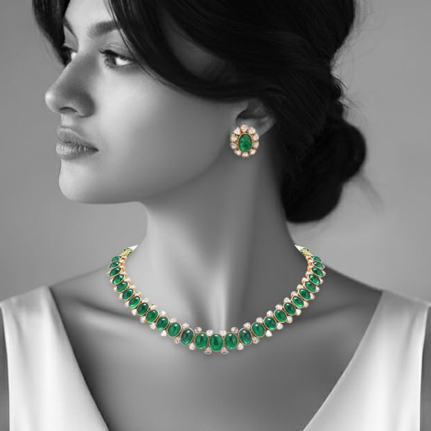 Emerald Cabochon Polki Necklace with Floral Stud